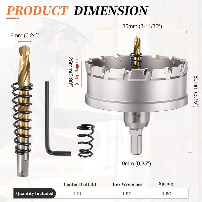 METALLIXITY Hole Saw 85mm (3-3/8"), Heavy Duty Tungsten Carbide with Center Drill Bit Hex Key Spring - Hole Cutters for Thick Stainless Steel Steel Metal Plates. Silver - Image 2
